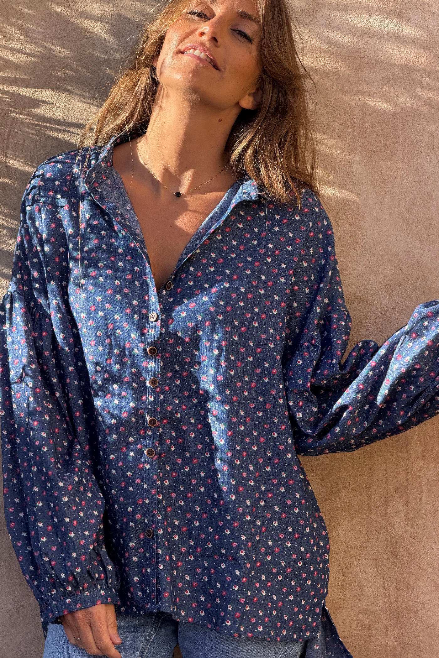 Denim Cottage Floral Romantic Blouse