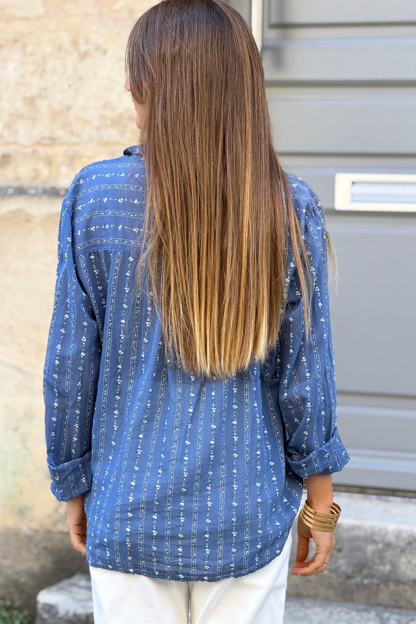 Blue Jean Shabby Chic Floral Stripe Button-Down Shirt
