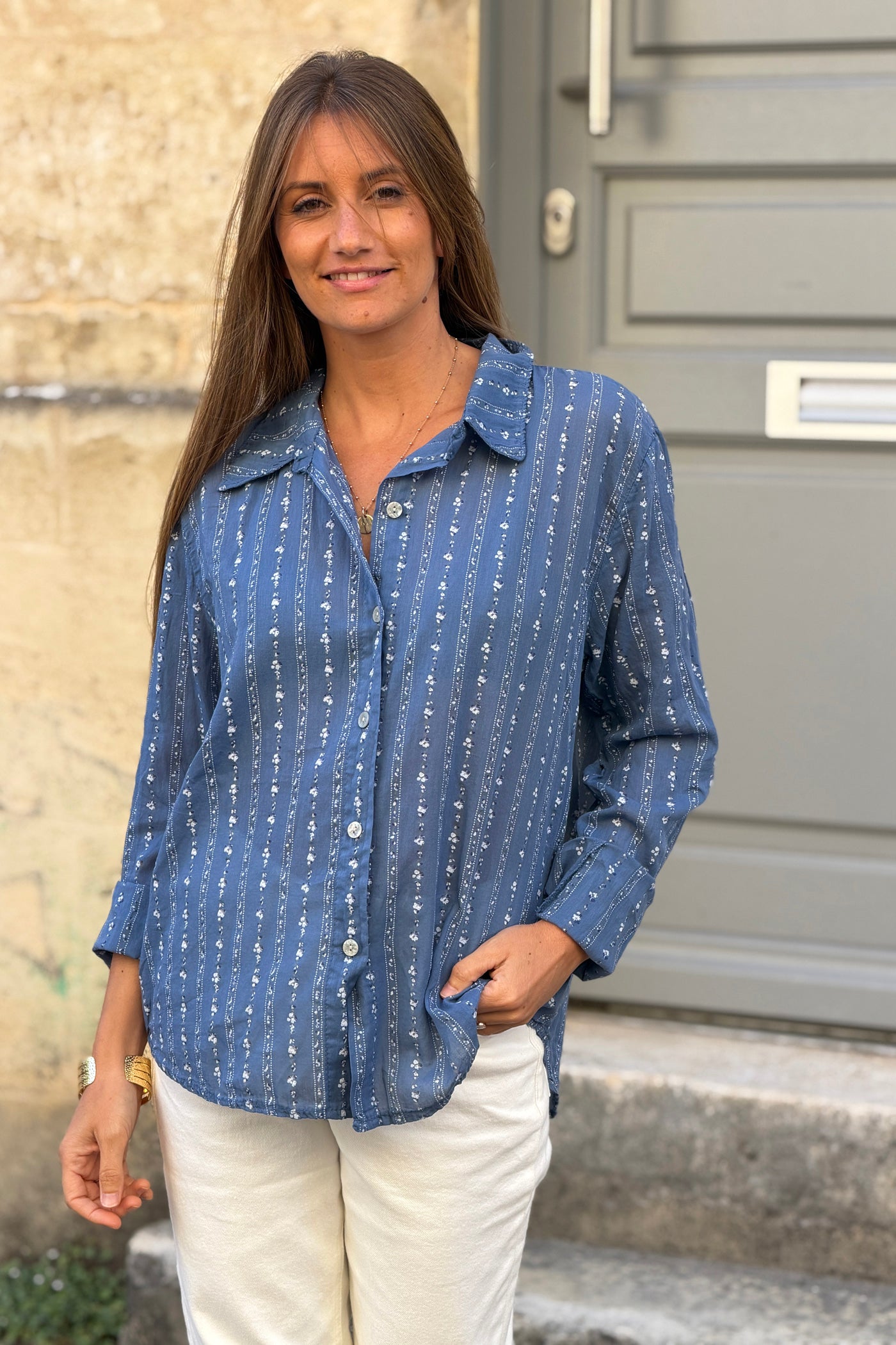Blue Jean Shabby Chic Floral Stripe Button-Down Shirt