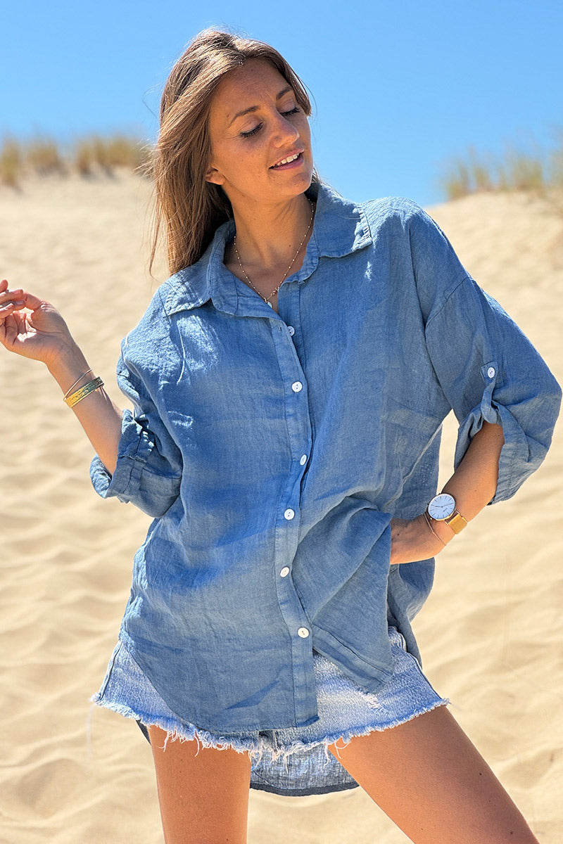 Chemise bleu jean en lin boutons nacres
