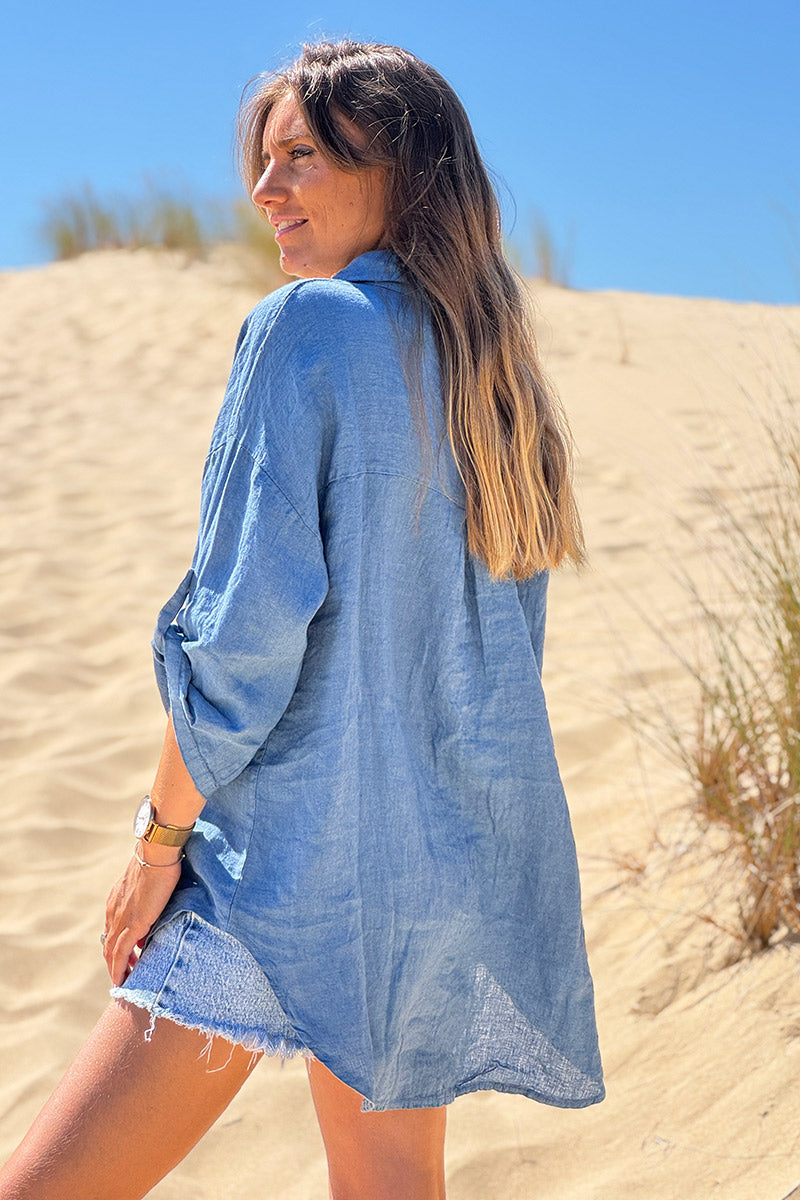 Chemise bleu jean en lin boutons nacres