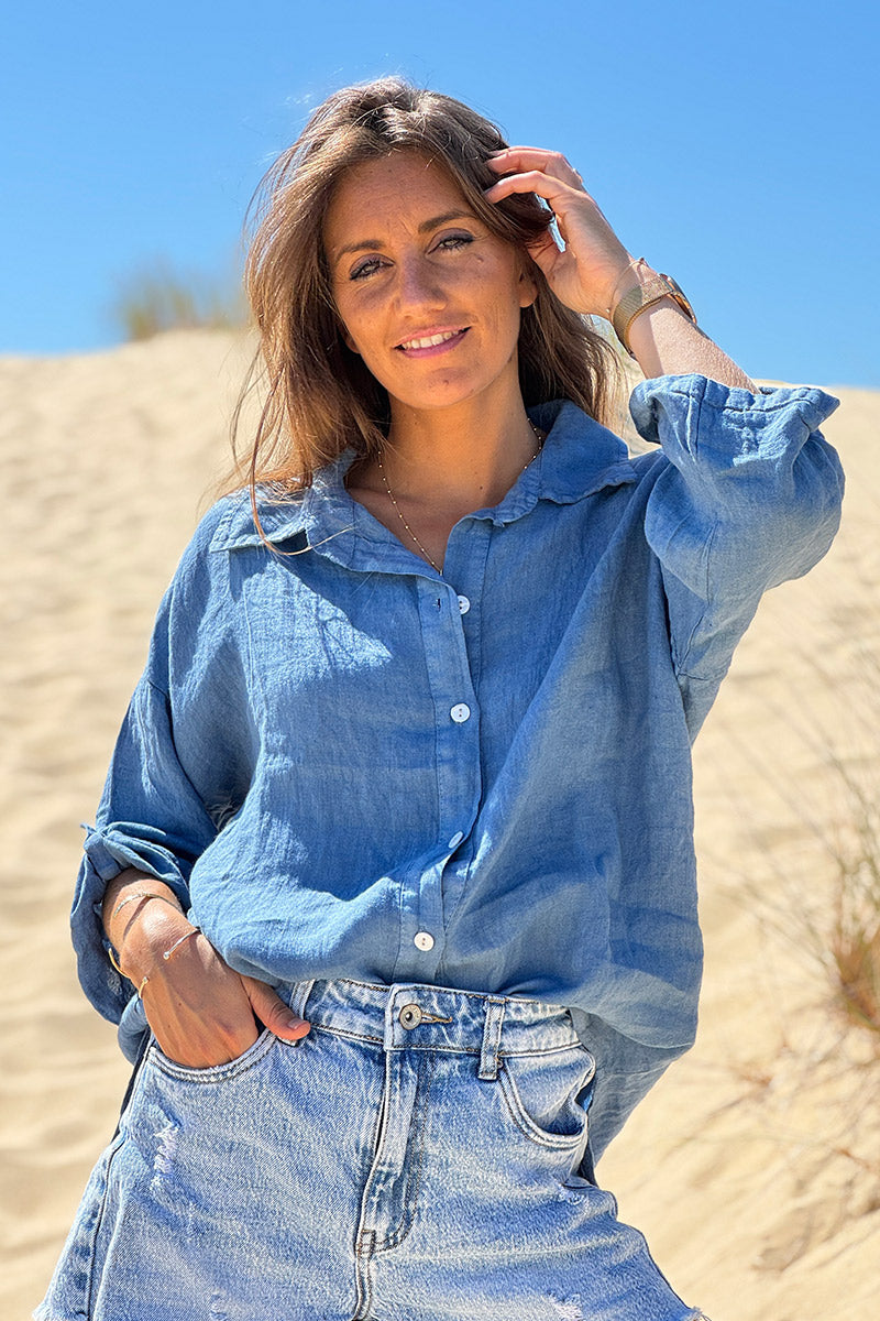 Chemise bleu jean en lin boutons nacres