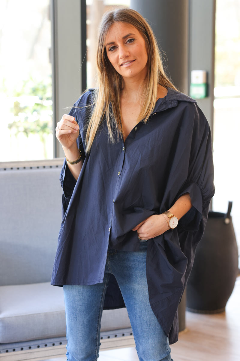Navy blue oversized shirt with batwing 3/4 length sleeves