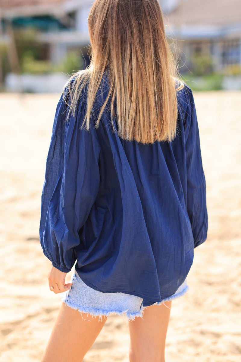 Smocked navy blue floaty blouse with mother of pearl buttons