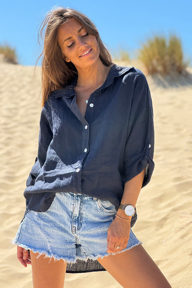 Navy Roll-Cuff Button-Down Blouse