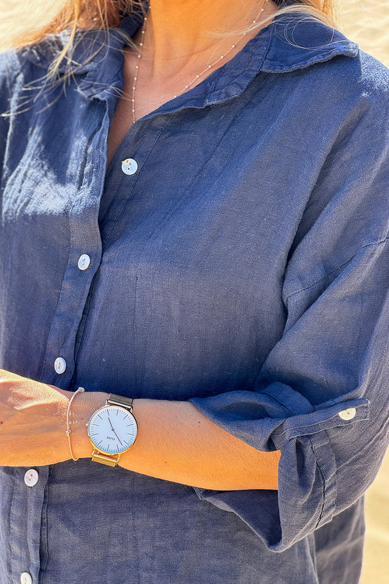 Navy Roll-Cuff Button-Down Blouse