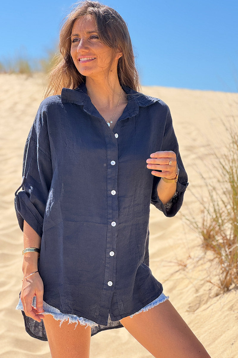 Navy Roll-Cuff Button-Down Blouse