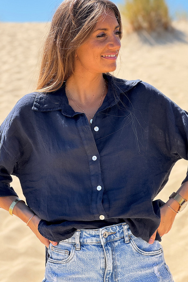 Navy Roll-Cuff Button-Down Blouse