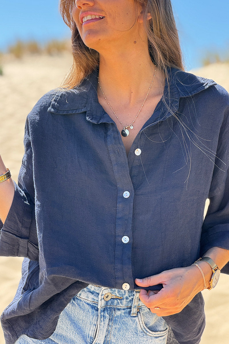 Navy Roll-Cuff Button-Down Blouse
