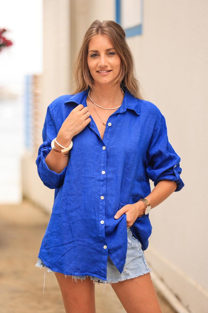 Royal blue linen shirt with mother of pearl buttons