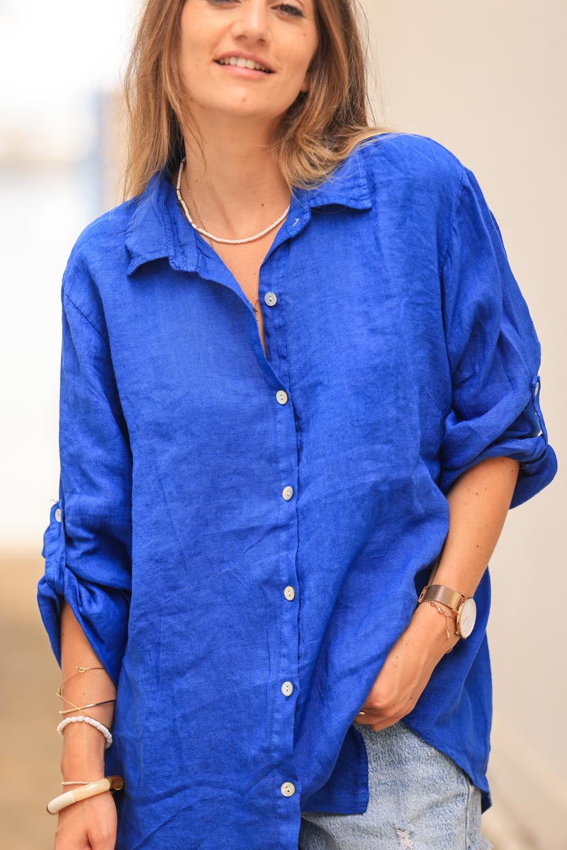 Royal blue linen shirt with mother of pearl buttons