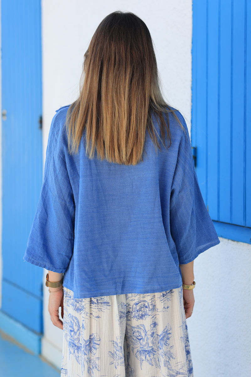 Royal blue soft cotton blouse with 3/4 sleeves and large pockets