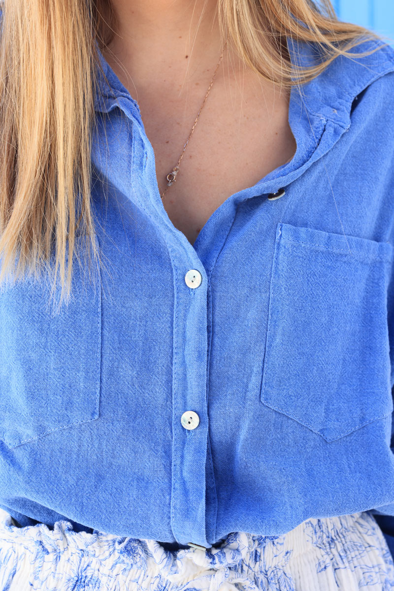 Chemise bleu roi souple en coton manches 3/4 et grandes poches