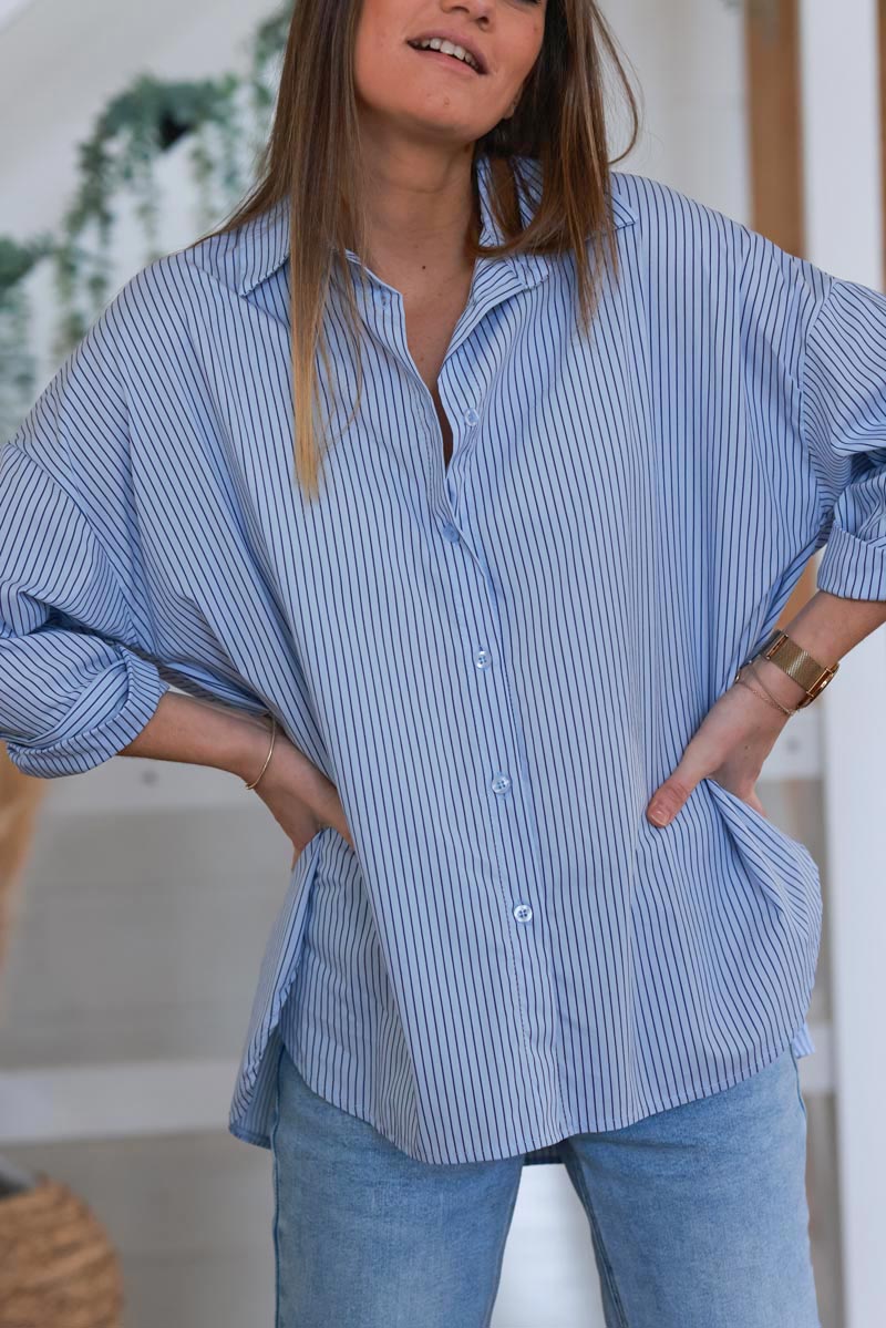 Navy Pinstripe Button Down Shirt