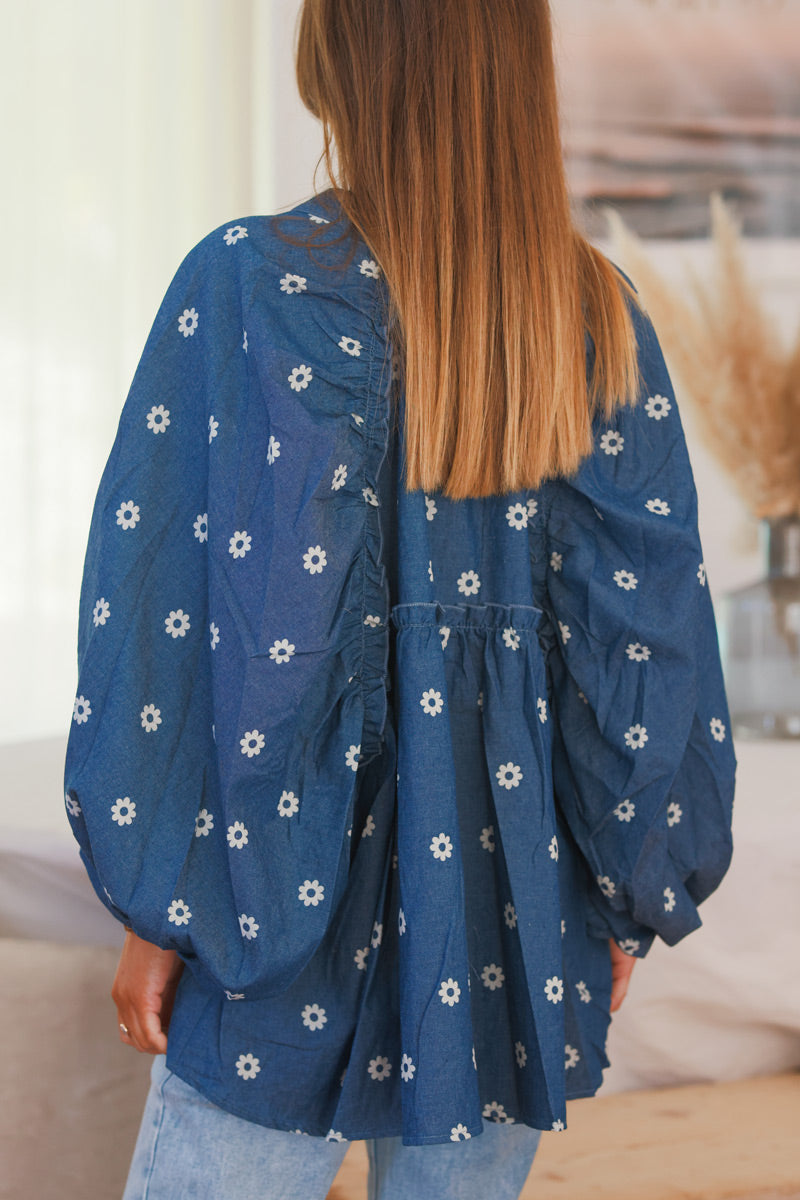 Navy Daisy Print Peasant Blouse