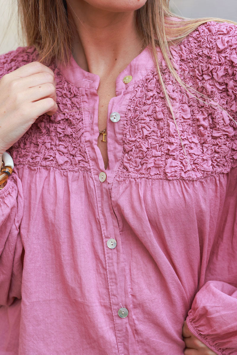 Smocked rosewood floaty blouse with mother of pearl buttons