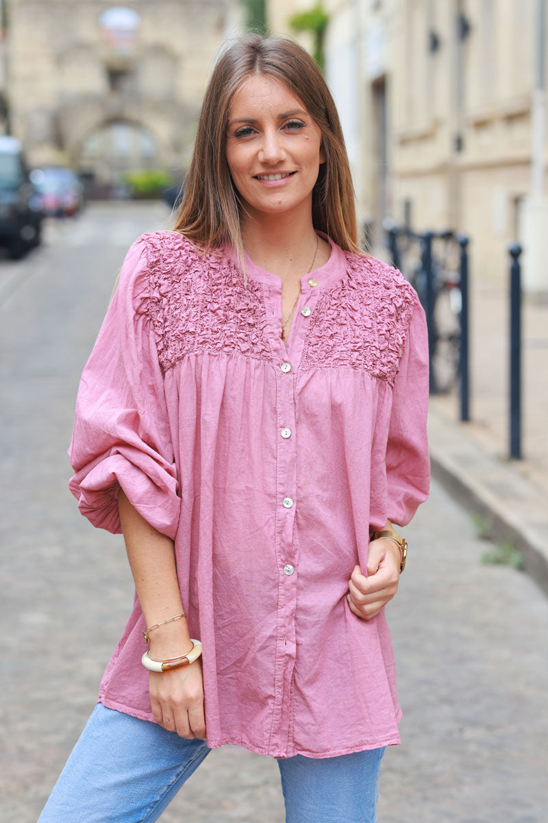 Smocked rosewood floaty blouse with mother of pearl buttons