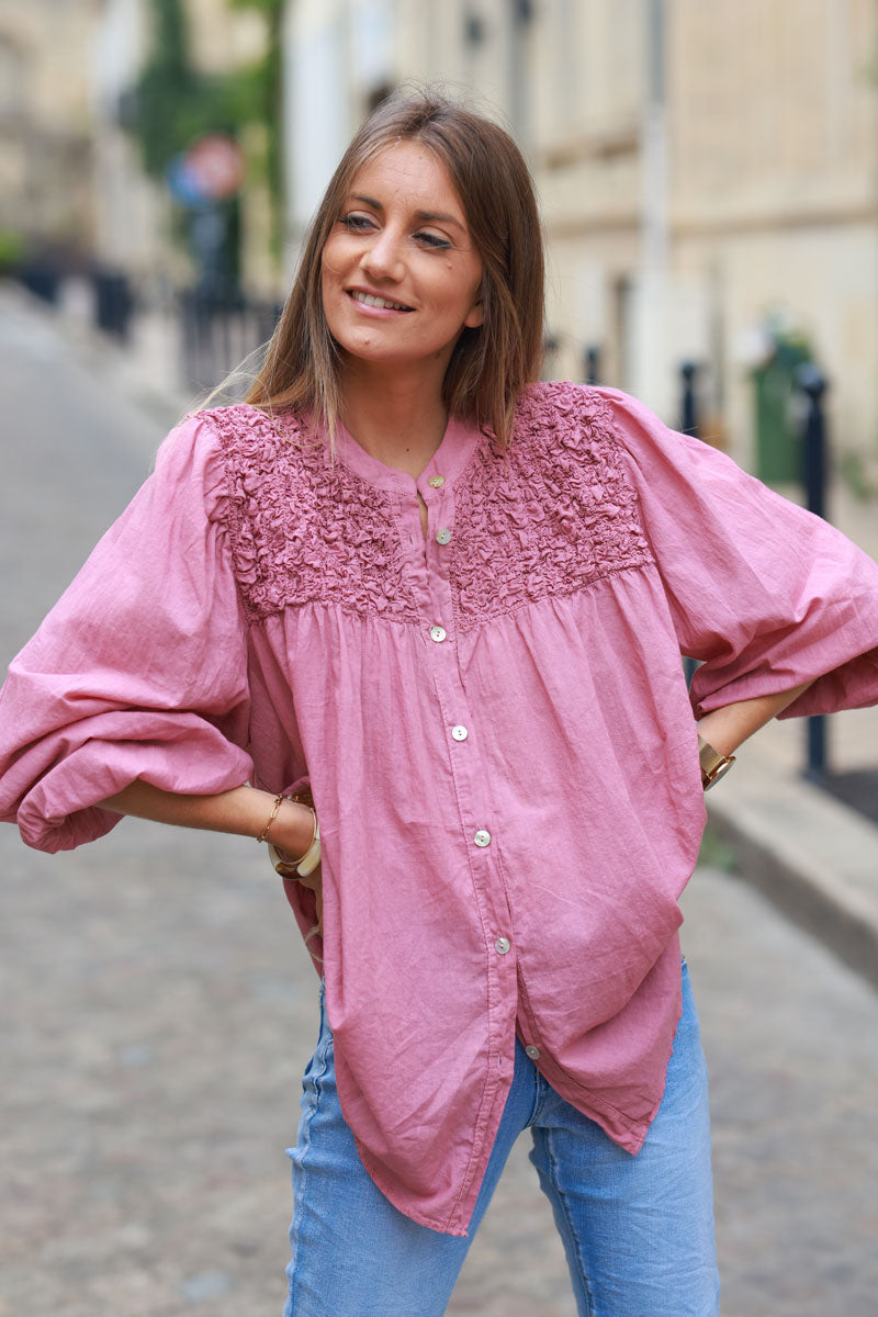 Smocked rosewood floaty blouse with mother of pearl buttons