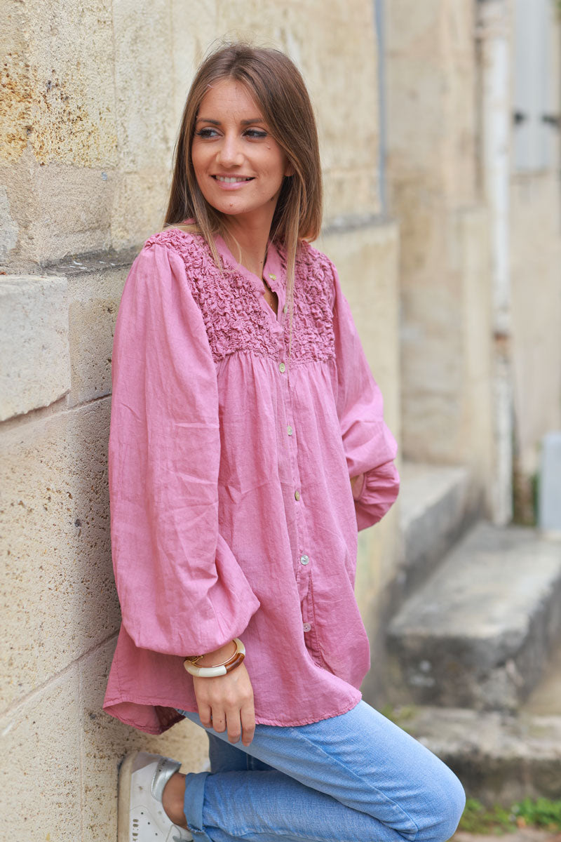 Smocked rosewood floaty blouse with mother of pearl buttons