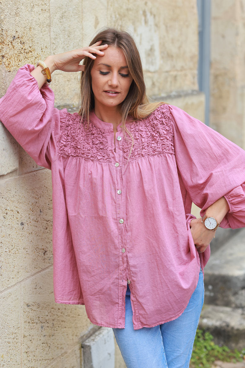 Smocked rosewood floaty blouse with mother of pearl buttons