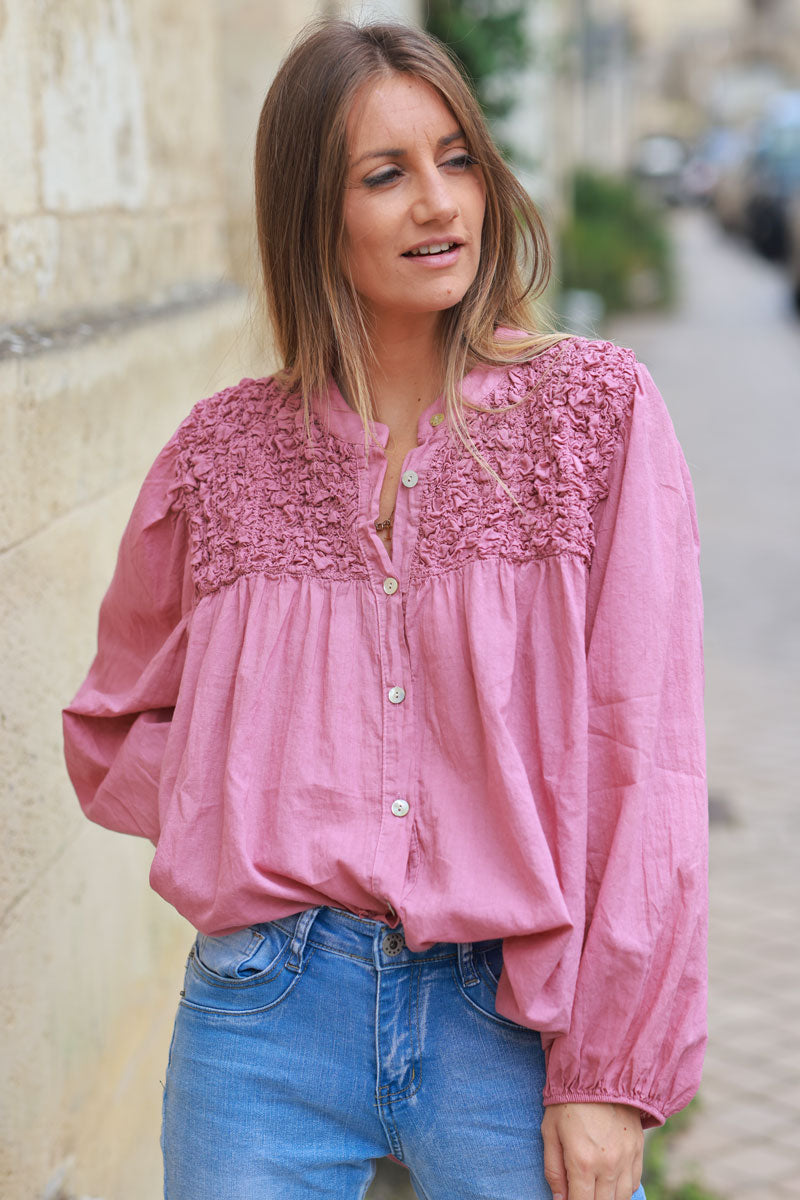 Smocked rosewood floaty blouse with mother of pearl buttons