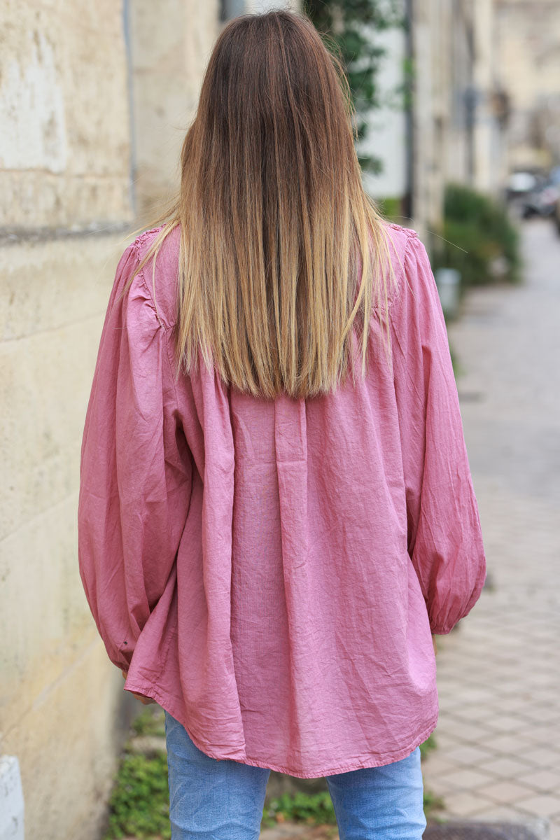 Chemise bois de rose légère col smocké relief effet froissé