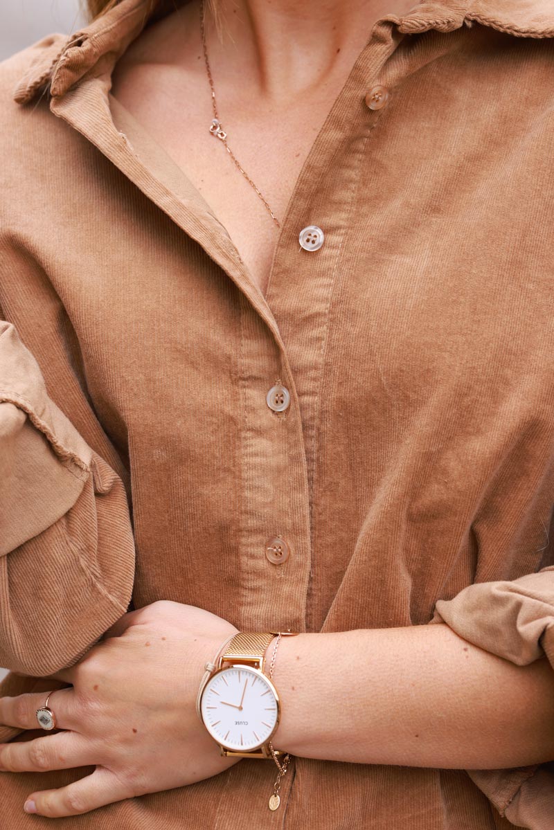 Camel Pinwale Corduroy Button-Down Shirt