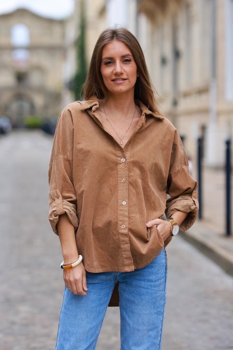 Camel Pinwale Corduroy Button-Down Shirt