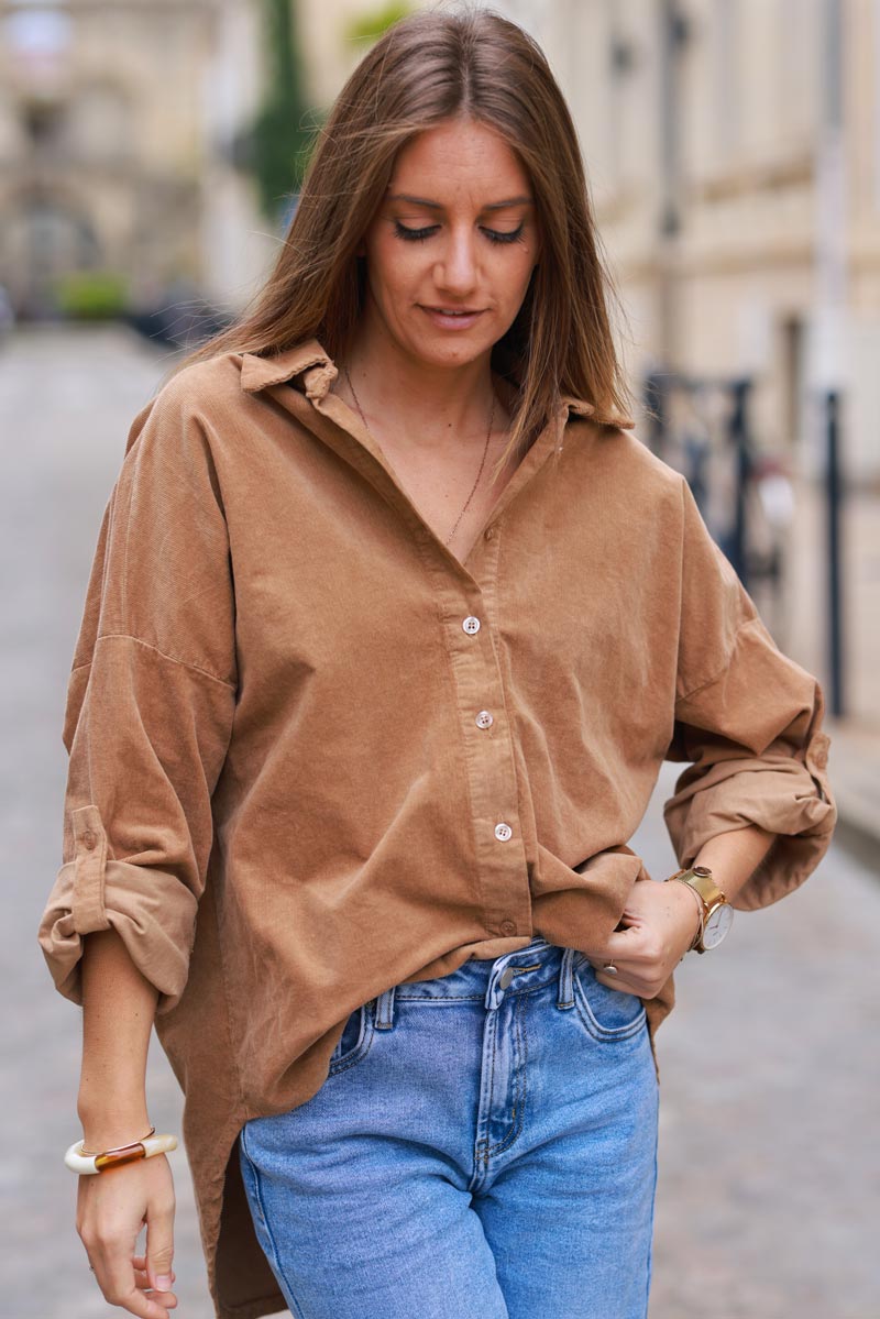 Camel Pinwale Corduroy Button-Down Shirt