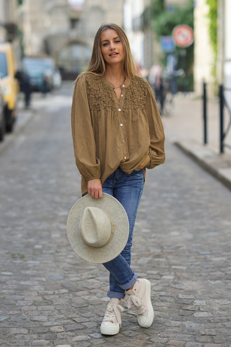 Smocked camel floaty blouse with mother of pearl buttons