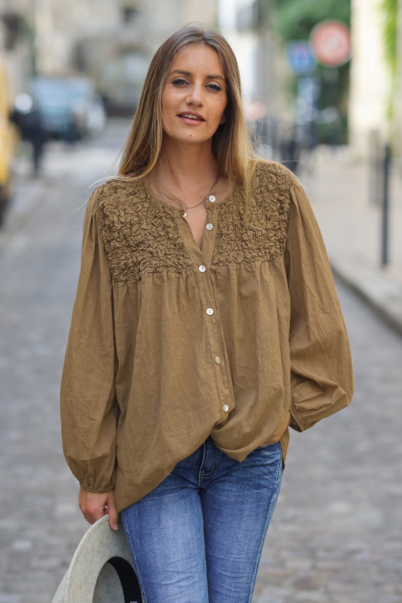 Smocked camel floaty blouse with mother of pearl buttons