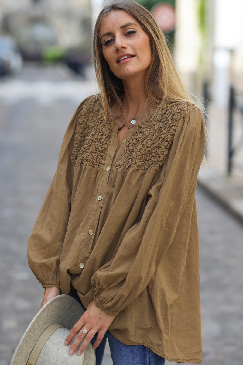 Smocked camel floaty blouse with mother of pearl buttons