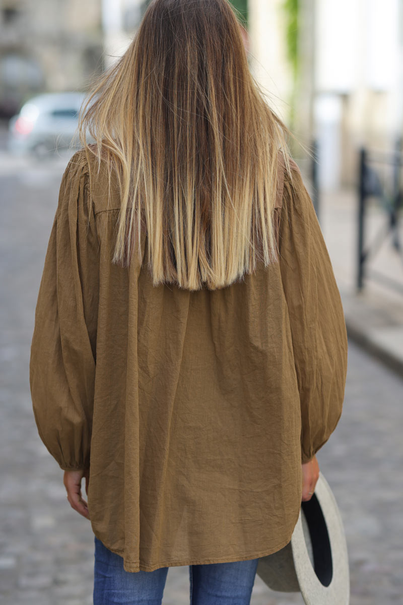 Smocked camel floaty blouse with mother of pearl buttons