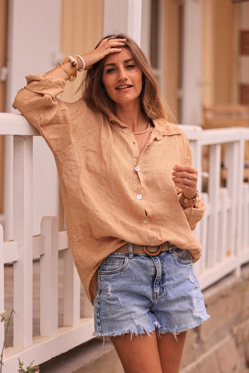 Caramel linen shirt with mother of pearl buttons