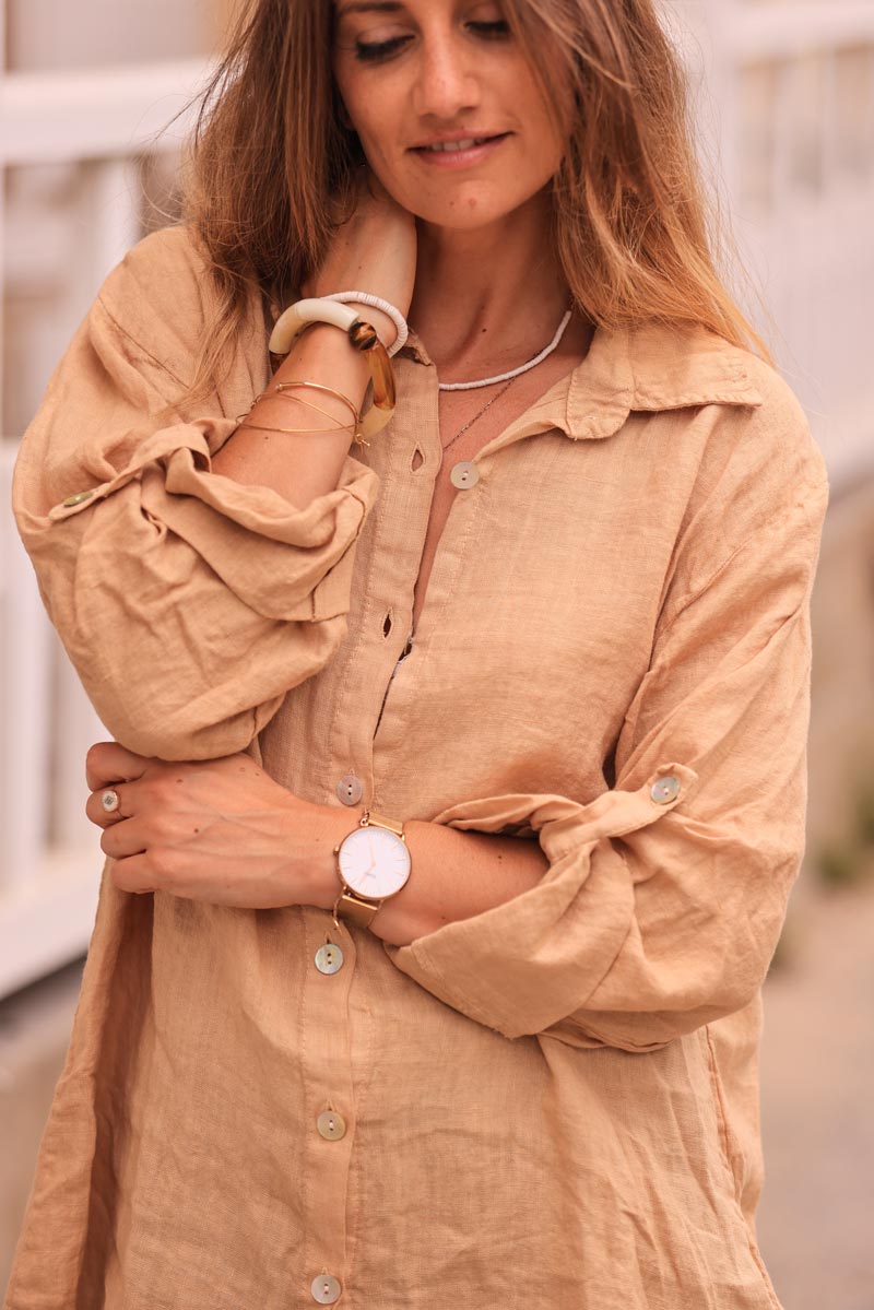 Caramel linen shirt with mother of pearl buttons