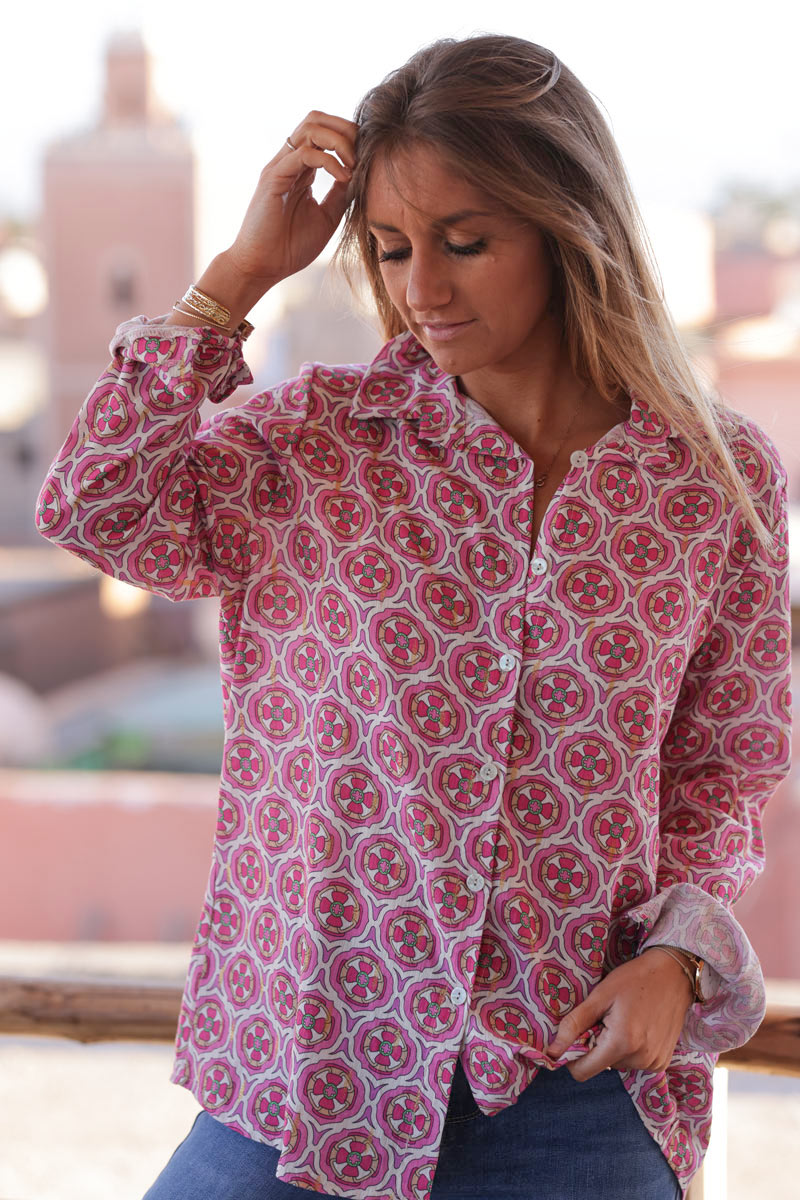 Cotton shirt with fuchsia rosette print and gold thread detail