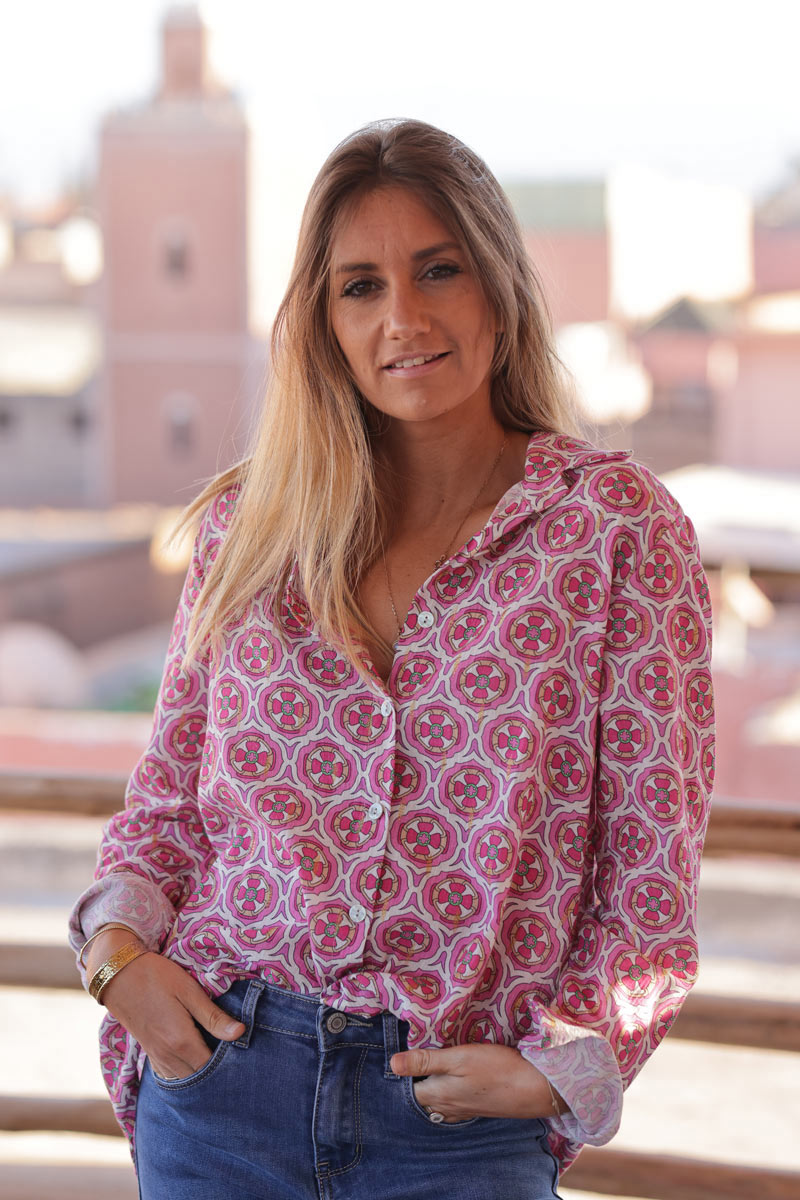 Cotton shirt with fuchsia rosette print and gold thread detail