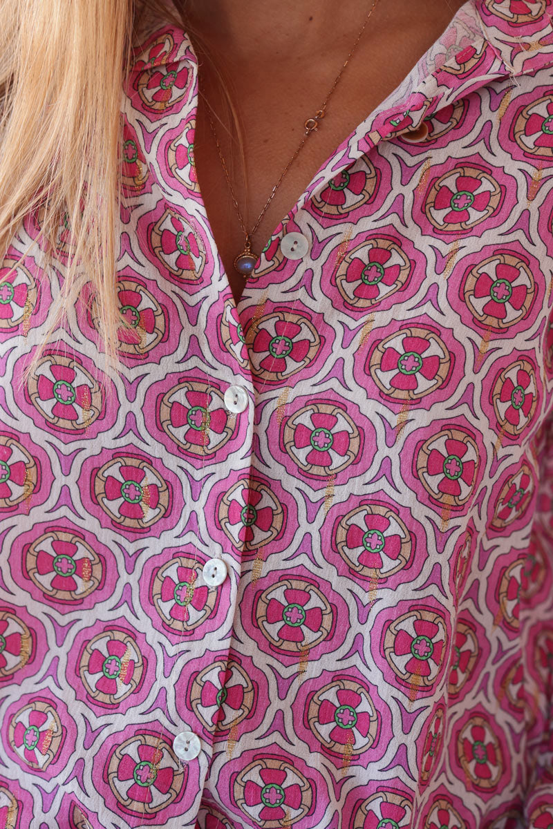 Chemise en coton imprimé rosaces fuchsia avec motifs lurex