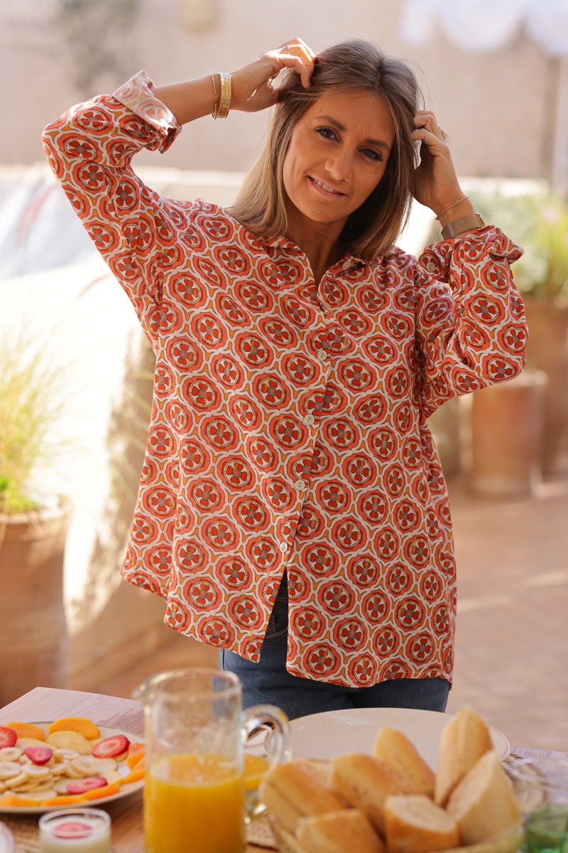 Cotton shirt with orange rosette print and gold thread detail