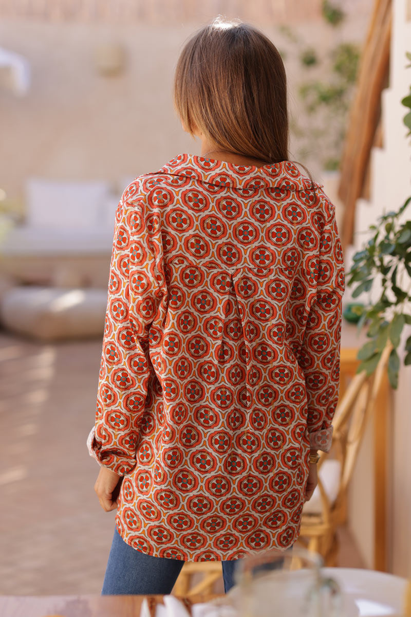 Camisa de algodón con estampado de rosetas naranjas y motivos de lúrex