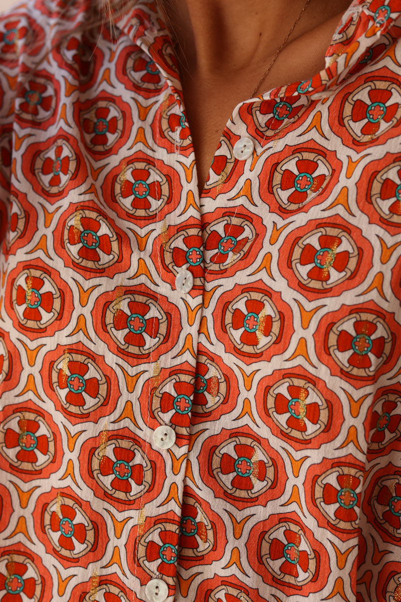 Cotton shirt with orange rosette print and gold thread detail