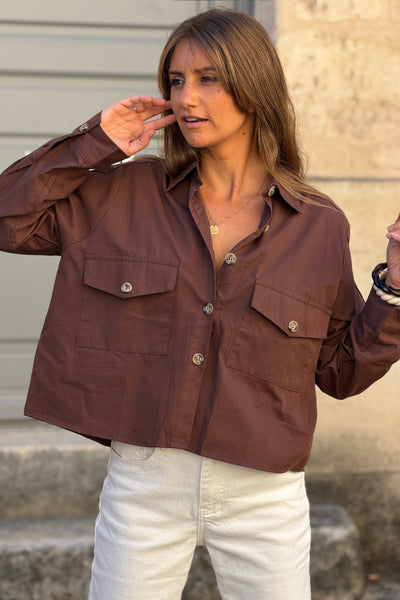 Chocolate Brown Cropped Poplin Button-Down Blouse - Horizons Lointains