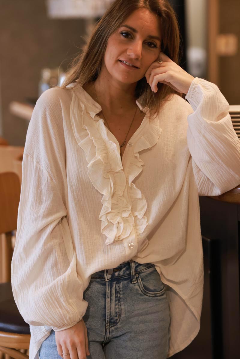 Cream Cotton Gauze Ruffled Blouse