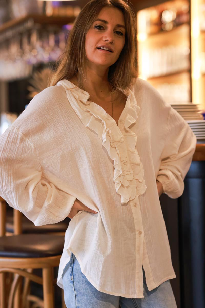 Cream Cotton Gauze Ruffled Blouse