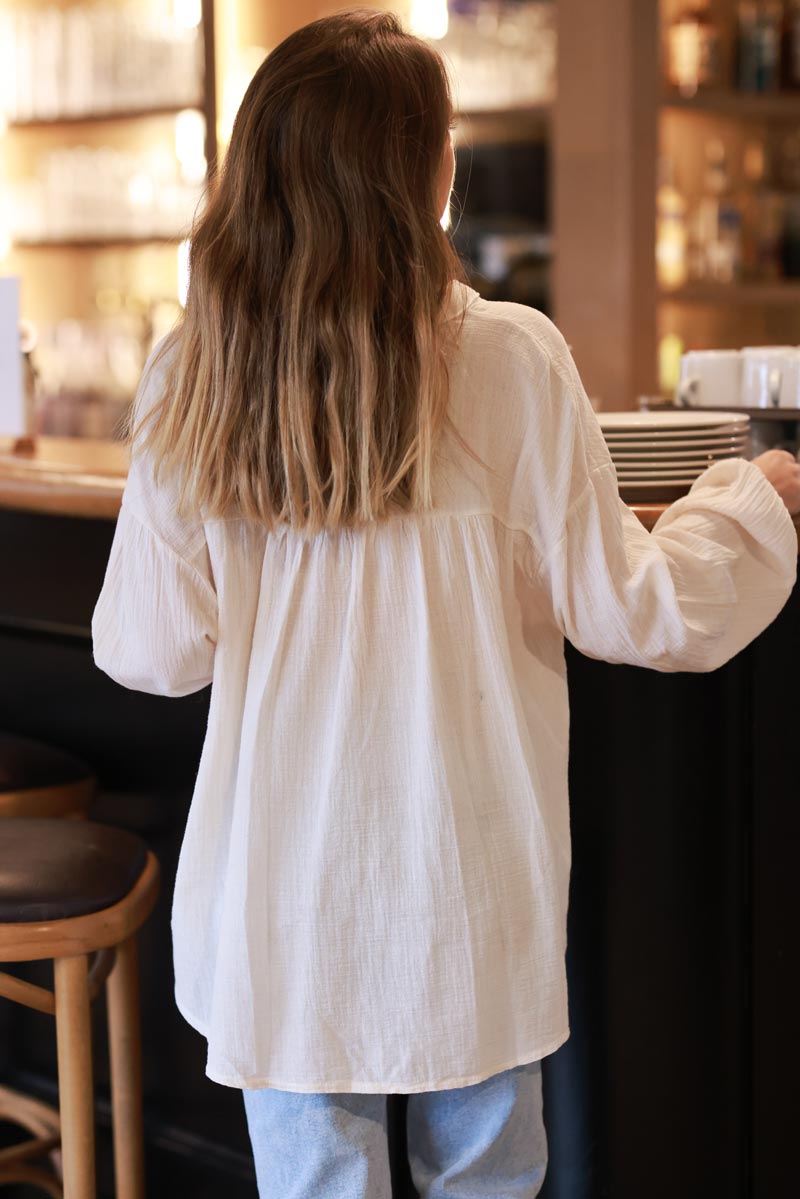 Cream Cotton Gauze Ruffled Blouse