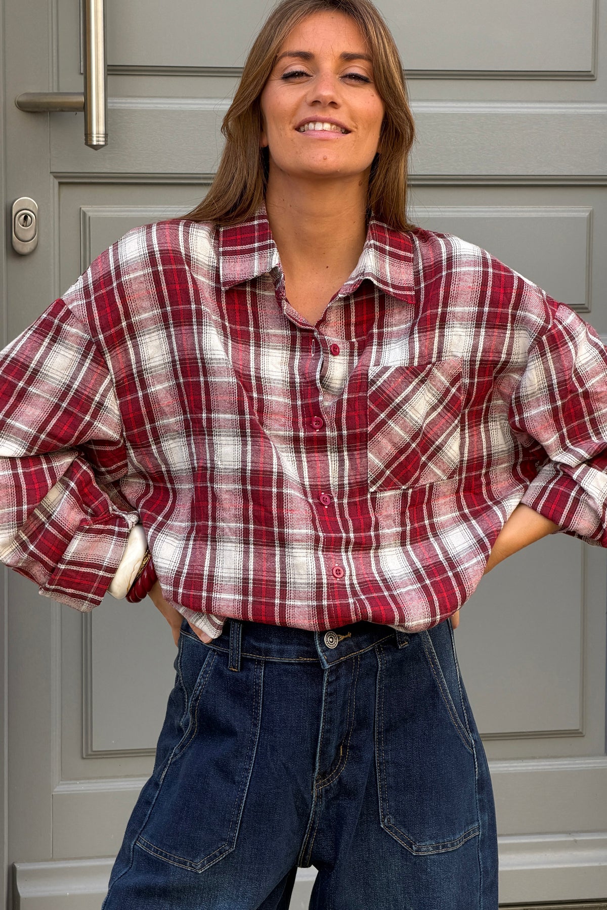 Chemise écrue en flanelle motifs carreaux tartan Ecossais bordeaux