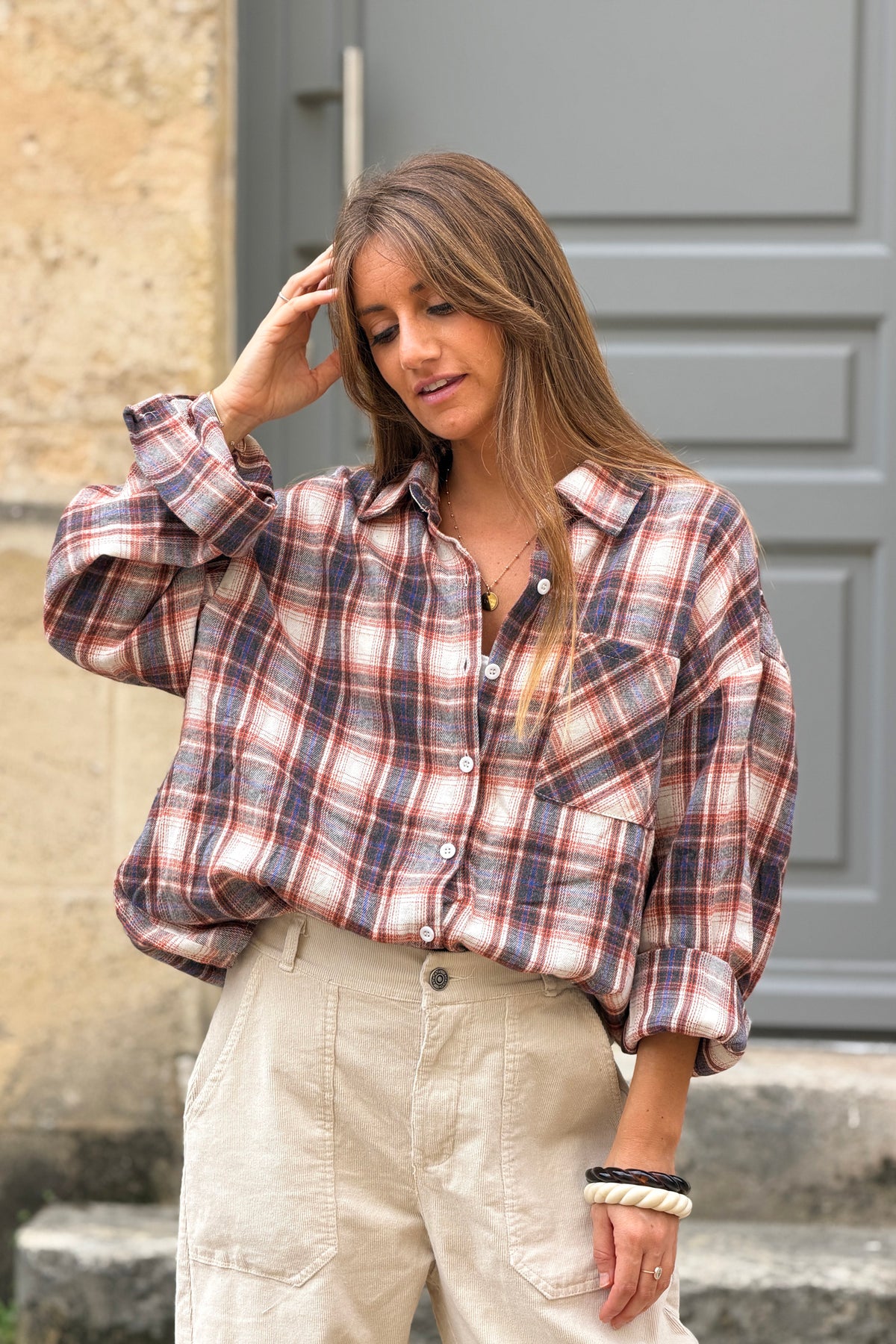 Blue and terracotta Country Plaid Button-Down Flannel