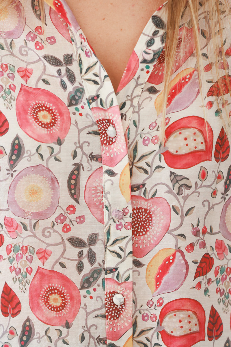 Pink Floral Fruits and Scroll Button-Down Shirt