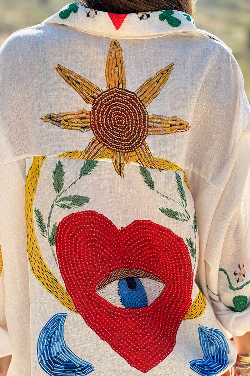 Cream Summer Icons Bead Embroidered Blouse