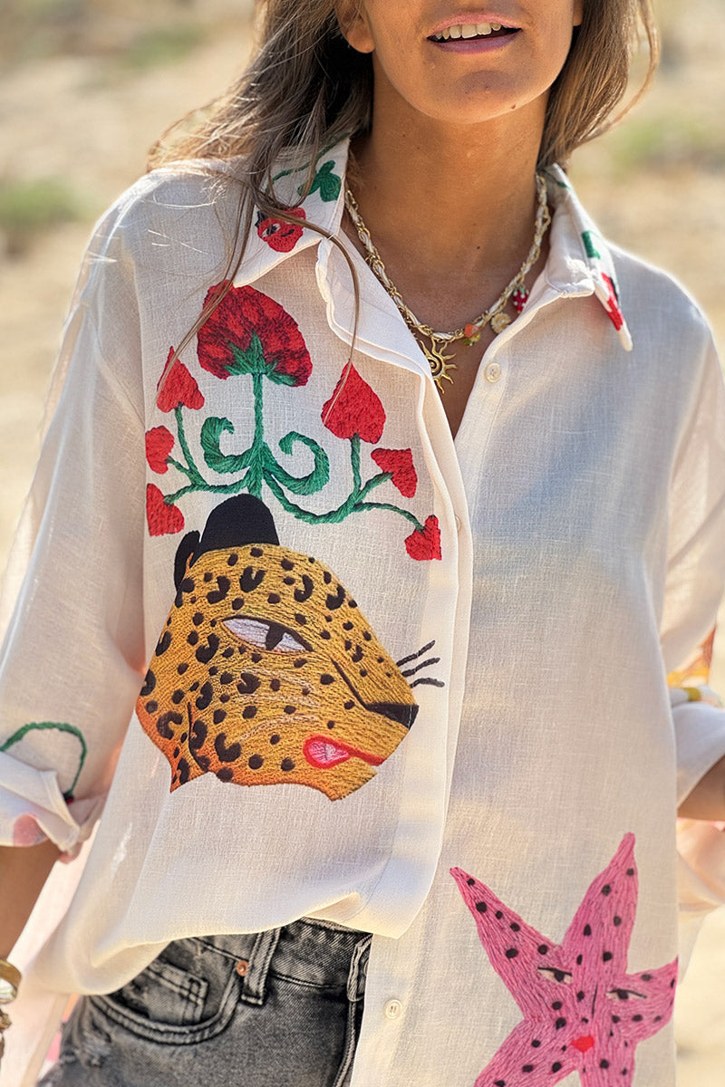 Cream Summer Icons Bead Embroidered Blouse